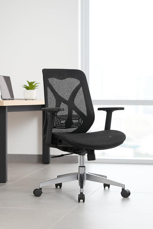 Lumina Ergonomic Medium Back Office Chair - Adjustable Arms, Lumbar Support, Mesh Seat, Synchro Tilt and Seat Slider, Glass-Filled Nylon Frame, Class 3 Gas Lift Black, 3 Years Warranty